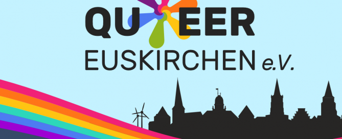 Logo von Queer Euskirchen e.V. mit bunten Elementen und Silhouette einer Stadt.