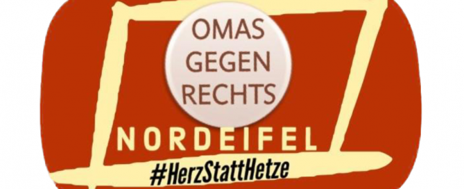 Button mit dem Text 'Omas gegen Rechts Nordeifel' und dem Hashtag '#HerzStattHetze'.