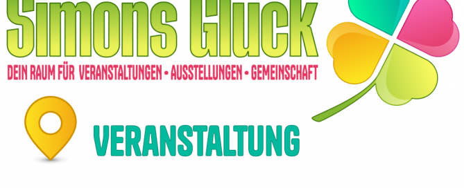 Banner von Simons Glück mit einem vierblättrigen Kleeblatt und Informationen zur Veranstaltung.