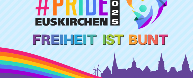 Buntes Logo für den Pride 2025 in Euskirchen mit dem Schriftzug 'Freiheit ist bunt'.