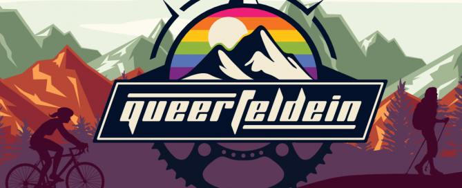 Logo von Queerfeldein mit einem Berg, Regenbogen und Silhouetten von Radfahrern und Wanderern.