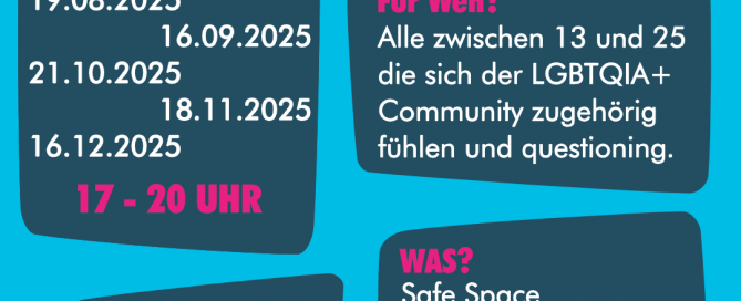 Flyer für den U25 Queeren Jugendtreff mit Veranstaltungsdetails und Kontaktinformationen.